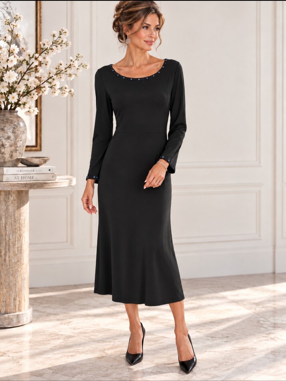 Vtg Eddie Bauer Black Long-Sleeve Maxi Dress with Subtle Jewel Trim Glam Sz M